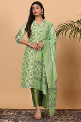 Green Chanderi Kurta Set With Block Print